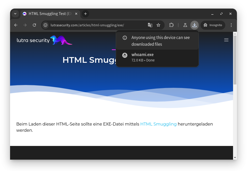Screenshot eines Browsers der die Datei whoami.exe mittels HTML Smuggling heruntergeladen hat