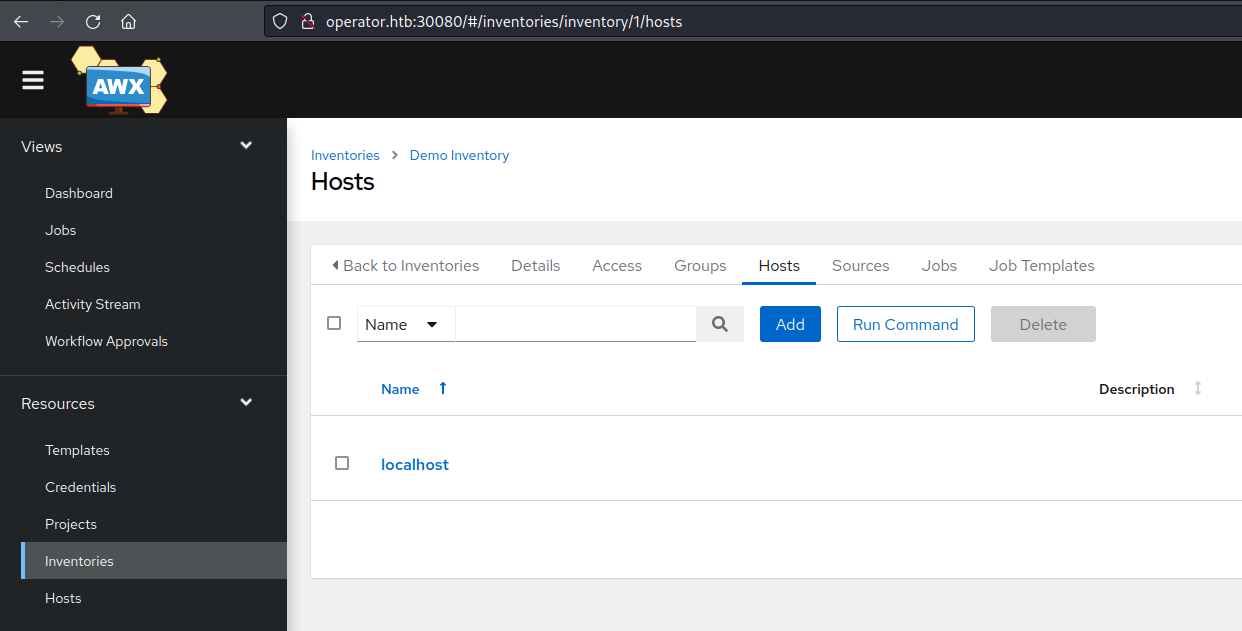 Image of the option to run a command on connected instances found under Inventories > Demo Inventory > Hosts.