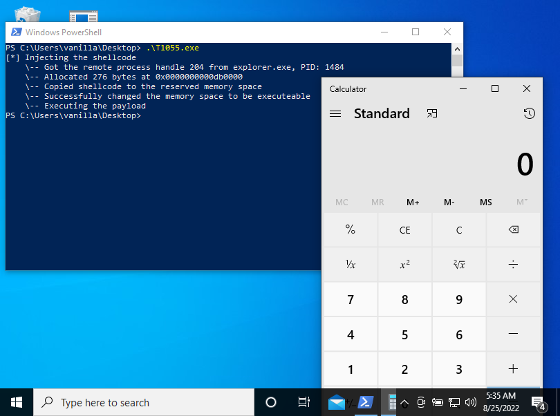Screenshot der Ausführung der Anwendung T1055.exe, die einen Taschenrechner öffnet.