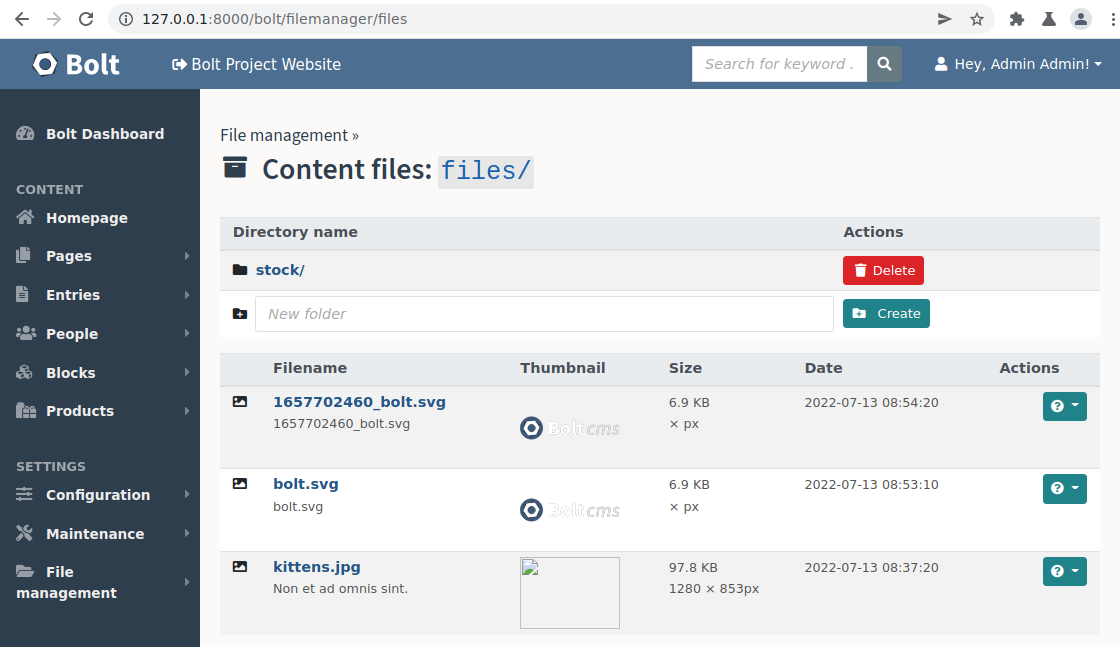 Screenshot of Bolt CMS displaying the upload functionality.