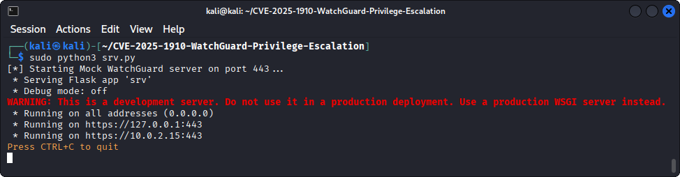 Terminal output when starting the Flask web server with the above python command.