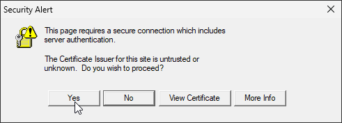 A security alert that warns the user that the certificate is not trusted and asking if the user wants to proceed. The mouse cursor is hovering over the 'Yes' option.