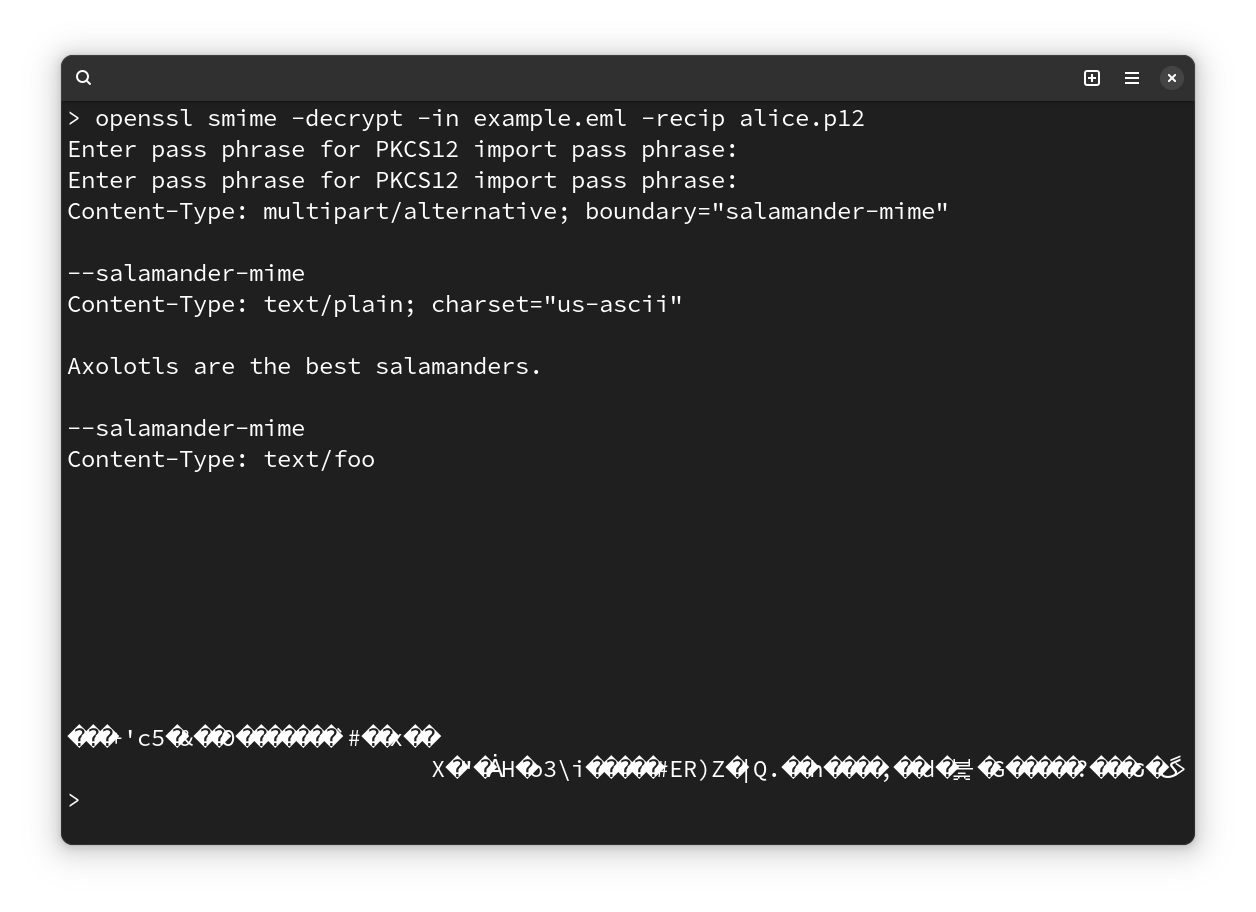 A terminal with the output of openssl smime -decrypt example.eml -recip alice.p12