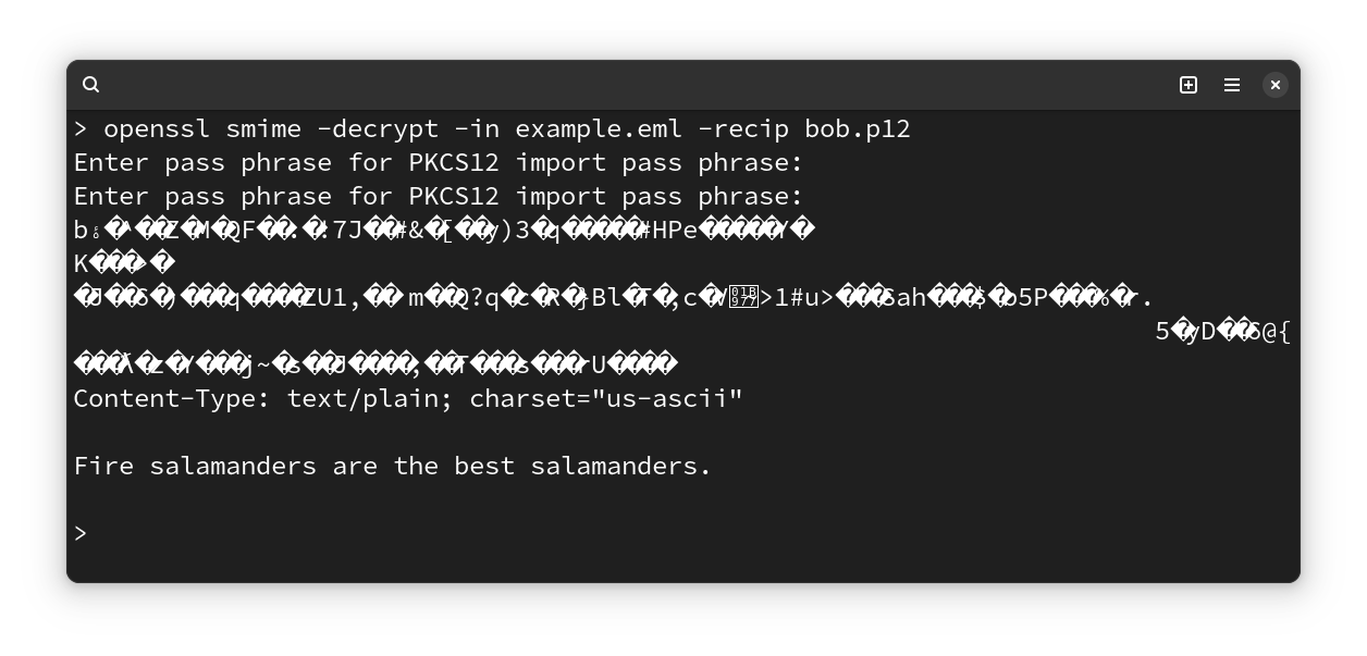 A terminal with the output of openssl smime -decrypt example.eml -recip bob.p12